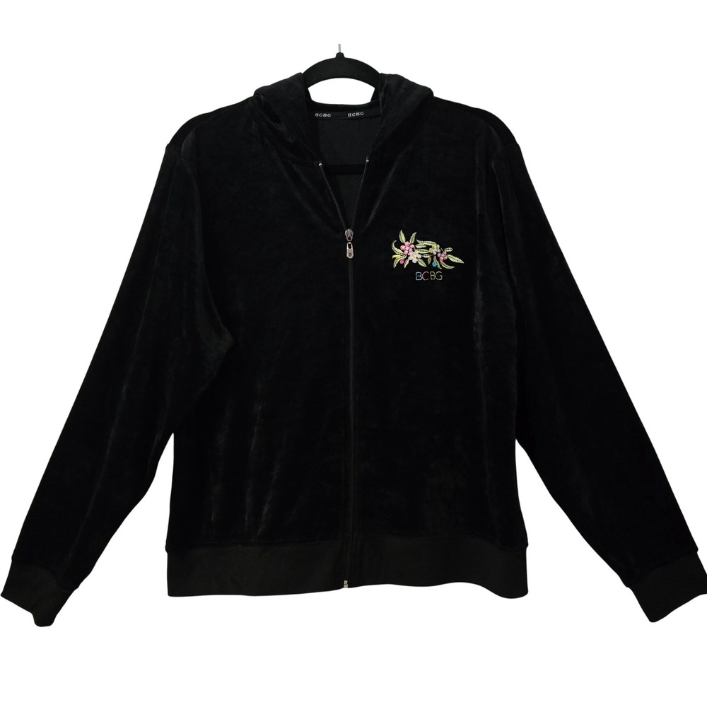 BCBG Floral Peacock Black Velour Zip Up‎ Hoodie Sequins Embroidered Women's L